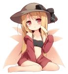  1girl baku_ph bare_legs barefoot black_bikini_top black_bow blonde_hair bow brown_hat commentary_request fairy_wings food full_body hat hat_bow holding holding_food lily_black lily_white long_hair long_sleeves looking_at_viewer navel popsicle red_eyes simple_background sitting solo touhou white_background wings 