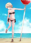  1girl beach bikini black_bikini blonde_hair blue_eyes blue_sky braid breasts cleavage clouds darjeeling day full_body girls_und_panzer horizon medium_breasts o-ring_bikini o-ring_top open_toe_shoes outdoors shoes short_hair side-tie_bikini sign sky solo standing stop_sign swimsuit twin_braids yumesato_makura 