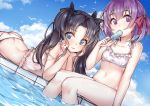  2girls ass bangs bikini bird black_hair blue_eyes blue_sky bob_cut breasts chin_rest cleavage closed_mouth clouds cloudy_sky day dutch_angle eating eyebrows_visible_through_hair fate_(series) food hair_ribbon long_hair looking_at_viewer lying matou_sakura mouth_hold multiple_girls navel on_stomach outdoors parted_bangs popsicle ribbon short_hair siblings sisters sitting sky small_breasts smile soaking_feet sparkle strap_slip sunege_(hp0715) sweat swimsuit tohsaka_rin twintails white_bikini younger 