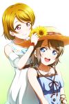  2girls :d adjusting_clothes adjusting_hat anchor_symbol anibache belt blue_eyes blush brown_hair closed_mouth dress flower gradient gradient_background green_background hat jewelry koizumi_hanayo love_live! love_live!_school_idol_project love_live!_sunshine!! multiple_girls necklace open_mouth short_hair sitting smile standing straw_hat sunflower violet_eyes watanabe_you white_dress 