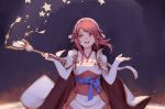  1girl :d cape character_request collarbone commentary cotton_tan fire_emblem fire_emblem_if hairband head_tilt holding holding_wand japanese_clothes kimono long_hair looking_up obi open_mouth red_eyes redhead sakura_(fire_emblem_if) sash sleeves_past_wrists smile solo star wand white_cape 