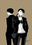  2boys adult artist_name back-to-back back_turned belt black_eyes black_hair formal fullmetal_alchemist grey_background greyscale grin hand_in_pocket ling_yao long_hair looking_at_viewer looking_away male_focus mature monochrome multiple_boys necktie pants ponytail roy_mustang shaded_face shirt short_hair simple_background smile suit white_shirt 