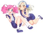  2girls :d aikatsu! bangs bare_arms blue_eyes blue_shoes blue_shorts blush character_request closed_mouth commentary_request eyebrows_visible_through_hair full_body grey_hair hand_on_own_chest hands_on_own_chest highres legs_together long_hair looking_at_viewer mary_janes medium_hair multicolored_hair multiple_girls open_mouth parted_bangs pink_hair sekina shirt shoes shorts simple_background smile socks streaked_hair suspender_shorts suspenders twintails white_background white_legwear white_shirt wing_hair_ornament yellow_eyes 