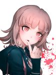  1girl absurdres black_sweater blood brown_eyes brown_hair dangan_ronpa eyebrows_visible_through_hair from_side highres index_finger_raised nanami_chiaki neck_ribbon open_mouth portrait red_ribbon ribbon shirt short_hair shou_xian_wu simple_background solo super_dangan_ronpa_2 sweater white_background white_shirt 