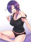  /\/\/\ 1girl black_panties blue_eyes blush breasts cleavage collarbone elf erect_nipples food hair_over_one_eye heterochromia large_breasts long_hair looking_at_viewer original panties pointy_ears popsicle purple_hair red_eyes saemon_(tonpura) sideboob sitting solo strap_slip tank_top tongue tongue_out underwear 