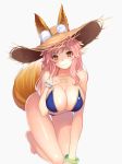  1girl animal_ears bikini blue_bikini breasts cleavage collarbone dhfz181 ears_through_headwear fate/grand_order fate_(series) fox_ears fox_tail hand_on_own_chest hat large_breasts long_hair looking_at_viewer pink_hair simple_background solo summer swimsuit tail tamamo_(fate)_(all) tamamo_no_mae_(swimsuit_lancer)_(fate) white_background yellow_eyes 