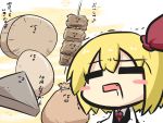  1girl =_= blush_stickers chibi comic commentary_request drooling egg fang food gomasamune hair_ribbon highres long_sleeves necktie oden open_mouth ribbon rumia shirt short_hair sparkle touhou translation_request trembling vest white_shirt 