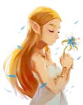  1girl bare_shoulders blonde_hair closed_eyes dress earrings flower hair_ornament jewelry long_hair luisa_rafidi pointy_ears solo the_legend_of_zelda the_legend_of_zelda:_breath_of_the_wild white_background 