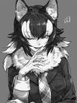  1girl animal_ears commentary commentary_request gloves grey_wolf_(kemono_friends) greyscale grin highres kemono_friends monochrome multicolored_hair necktie plaid shiba_itsuki signature smile two-tone_hair 