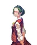 1girl absurdres alternate_hairstyle ascot commentary commentary_request green_hair highres kazami_yuuka kikimifukuri long_sleeves looking_at_viewer plaid plaid_skirt red_eyes shirt short_hair skirt solo touhou 