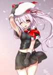  1girl beret black_gloves black_serafuku black_skirt cowboy_shot flower gloves hair_flaps hair_flower hair_ornament harusame_(kantai_collection) hat kantai_collection looking_at_viewer multicolored_hair neckerchief pink_hair pleated_skirt red_eyes red_neckerchief school_uniform serafuku shungikuten side_ponytail signature skirt solo white_hat white_sailor_collar 