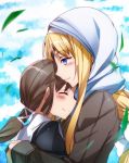  2girls alice_schuberg black_ribbon blonde_hair blue_eyes blush bow brown_hair character_request closed_eyes eyebrows_visible_through_hair eyepatch hair_bow hair_ribbon highres hug long_hair multiple_girls ribbon singled_brai smile sword_art_online upper_body very_long_hair white_bow yoru_kiri 