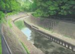  calligraphy_brush_(medium) commentary_request day fence forest graphite_(medium) grass highres nature no_humans outdoors plant reflection river scenery traditional_media tree wall watercolor_(medium) yukko_(shirokopa) 