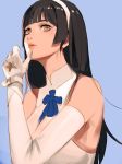  1girl arm_at_side bangs bare_shoulders black_hair blue_background blue_bow blue_bowtie blue_ribbon blunt_bangs bow bowtie breasts collarbone commentary_request elbow_gloves eyelashes girls_frontline gloves hairband halter_top halterneck hand_to_own_mouth hand_up impossible_clothes impossible_shirt large_breasts long_hair looking_at_viewer nose parted_lips pink_lips qbz-95_(girls_frontline) ribbon shirt simple_background skin_tight sleeveless solo standing takssmask turtleneck upper_body white_gloves white_hairband wristband yellow_eyes 