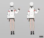  1girl arm_up astronaut black_boots black_shorts boots from_behind grey_background grey_hair headwear_removed helmet helmet_removed long_sleeves multiple_views nail_polish short_hair short_shorts shorts sidelocks simple_background sleeves_past_wrists spacesuit standing white_nails 
