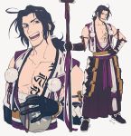  1boy ahoge alcohol black_hair cosplay facial_hair full_body grin hand_on_hip holding holding_weapon male_focus nihongou_(touken_ranbu) pom_pom_(clothes) ponytail sake sake_barrel simple_background smile solo stubble tattoo tonbokiri_(touken_ranbu) tonbokiri_(touken_ranbu)_(cosplay) touken_ranbu violet_eyes weapon yari 