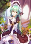  1girl alternate_costume aqua_hair blurry blush bonnet cup depth_of_field dress fate/grand_order fate_(series) frills gloves gothic_lolita horns kiyohime_(fate/grand_order) lolita_fashion long_hair looking_at_viewer open_mouth smile smile_(mm-l) solo squirrel teacup thigh-highs white_gloves white_legwear yellow_eyes 