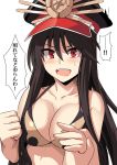  &gt;:d 1girl :d bikini black_hair blush breasts collarbone demon_archer fate/grand_order fate_(series) halter_top halterneck hand_holding hat long_hair looking_at_viewer medium_breasts oda_nobunaga_(swimsuit_berserker)_(fate) open_mouth peaked_cap red_eyes shiseki_hirame smile speech_bubble swimsuit translation_request upper_body 