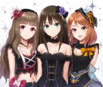  3girls bare_shoulders black_gloves black_gothic_dress_(idolmaster) blush breasts brown_eyes brown_hair flower gloves green_eyes hair_flower hair_ornament houjou_karen idolmaster idolmaster_cinderella_girls kamiya_nao light_smile long_hair looking_at_viewer medium_breasts multiple_girls open_mouth red_eyes shibuya_rin triad_primus yuuhi_(ages) 