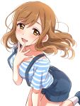  1girl bangs between_breasts blue_shirt blue_shoes blue_shorts blush breasts brown_hair eyebrows_visible_through_hair feet_out_of_frame hand_to_own_mouth highres horizontal_stripes kunikida_hanamaru light_brown_eyes long_hair looking_at_viewer love_live! love_live!_sunshine!! medium_breasts parted_lips sekina shirt shoes short_sleeves shorts simple_background sketch smile solo striped striped_shirt suspender_shorts suspenders white_background white_legwear 
