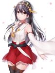 1girl artist_request bare_shoulders black_hair boots brown_eyes cherry_blossoms cowboy_shot detached_sleeves hair_ornament hairband hairclip haruna_(kantai_collection) headgear japanese_clothes kantai_collection long_hair nontraditional_miko red_skirt ribbon-trimmed_sleeves ribbon_trim skirt solo thigh-highs thigh_boots white_background 