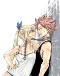  1boy 1girl black_shirt blonde_hair blue_ribbon breasts brown_eyes chains choker cleavage fairy_tail femdom hair_ribbon leash long_hair lucy_heartfilia mashima_hiro natsu_dragneel pink_hair pulling ribbon role_reversal shirt smile sweat sweatdrop tank_top twintails white_shirt 