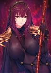  1girl absurdres arm_at_side arm_support armor bangs bodysuit breasts breasts_apart closed_mouth covered_navel eyebrows_visible_through_hair fate/grand_order fate_(series) flower gae_bolg hair_between_eyes half-closed_eyes hand_up highres holding holding_weapon huge_filesize jewelry large_breasts long_hair looking_at_viewer lying on_side parted_lips pauldrons pink_lips polearm purple_bodysuit purple_hair red_eyes scan scathach_(fate/grand_order) shoulder_armor sidelocks smile solo spear veil weapon zucchini 