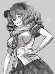  1girl breasts commentary commentary_request fluffy greyscale hand_on_hip highres kemono_friends lion_(kemono_friends) monochrome necktie shiba_itsuki short_sleeves signature skirt smile 