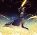  1girl armor armored_dress artoria_pendragon_(all) bean_sprouts_(6651003) blonde_hair blue_dress blue_eyes blue_ribbon dress excalibur fate/stay_night fate_(series) hair_between_eyes hair_ribbon highres holding holding_sword holding_weapon ribbon saber short_hair solo standing sword weapon 