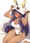  1girl animal_ears bare_legs bare_shoulders barefoot blush breasts cleavage closed_mouth dark_skin facial_mark fate/grand_order fate_(series) hair_tubes jewelry large_breasts long_hair looking_at_viewer necklace nitocris_(fate/grand_order) nitocris_(swimsuit_assassin)_(fate) nose_blush one-piece_swimsuit purple_hair sidelocks sitting solo sweat swimsuit twitter_username very_long_hair violet_eyes wariza white_swimsuit yanagi_(tsukiakari) 