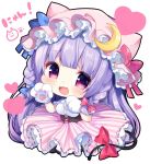  1girl animal_ears bangs blunt_bangs bow breasts cat_ears cat_tail chibi crescent crescent_hair_ornament dress fang hair_bow hair_ornament hat hat_ribbon heart kemonomimi_mode long_hair looking_at_viewer mob_cap open_mouth patchouli_knowledge paws pink_eyes pink_hat ribbon shiika_yuno simple_background smile solo striped striped_dress tail tail_bow touhou very_long_hair violet_eyes white_background 