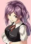  1girl :d ahoge black_vest blouse brown_eyes buttons gloves hagikaze_(kantai_collection) highres kamelie kantai_collection long_hair one_side_up open_mouth pink_background purple_hair red_ribbon ribbon short_sleeves simple_background smile solo vest white_blouse white_gloves 