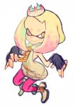  1girl crown domino_mask fingerless_gloves gloves hime_(splatoon) looking_at_viewer mask mole mole_under_mouth multicolored_hair pantyhose pointy_ears smile solo splatoon splatoon_2 sutegoro white_background white_hair yellow_eyes 