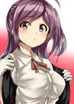  1girl ahoge black_vest blouse brown_eyes buttons gloves gradient gradient_background hagikaze_(kantai_collection) highres kamelie kantai_collection long_hair one_side_up open_mouth purple_hair red_ribbon ribbon short_sleeves solo sweat vest white_blouse white_gloves 