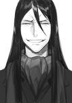  1boy closed_eyes fate_(series) greyscale grin long_hair lord_el-melloi_ii lord_el-melloi_ii_case_files male_focus monochrome nakuta portrait smile tears waver_velvet white_background 