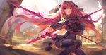  armor bodysuit breasts covered_navel fate/grand_order fate_(series) gae_bolg holding holding_weapon kyurin_(sunnydelight) large_breasts long_hair looking_at_viewer pauldrons polearm purple_bodysuit purple_hair red_eyes scathach_(fate/grand_order) shoulder_armor spear veil weapon 