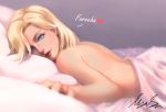  1girl alternate_hairstyle bangs bare_arms bare_back bare_shoulders bed bed_sheet blonde_hair blue_eyes eyelashes eyeliner hair_down heart lips lying makeup mascara medium_hair mercy_(overwatch) nose nude nyasa on_bed on_stomach open_mouth overwatch parted_bangs parted_lips pillow pink_lips signature solo 