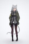  1girl animal_ears cat_ears cat_tail commentary deel_(rkeg) full_body grey_eyes grey_hair hands_in_pockets highres jacket original pantyhose_under_shorts solo standing tail 