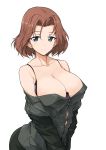  1girl azumi_(girls_und_panzer) bare_shoulders blue_eyes bra breasts brown_hair cleavage collarbone eyebrows_visible_through_hair girls_und_panzer harukon_(halcon) highres looking_at_viewer off_shoulder selection_university_military_uniform short_hair simple_background solo underwear uniform white_background 