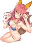  1girl animal_ears beach bikini blue_bikini blush breasts cleavage commentary day fate/extra fate/grand_order fate_(series) fox_ears fox_tail highres jewelry kawai large_breasts long_hair looking_at_viewer lying navel necklace on_back one_eye_closed pink_hair side-tie_bikini smile solo swimsuit tail tamamo_(fate)_(all) tamamo_no_mae_(swimsuit_lancer)_(fate) yellow_eyes 