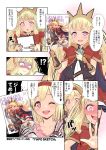  bangs black_legwear blonde_hair blush bow breasts cagliostro_(granblue_fantasy) cape comic crown djeeta_(granblue_fantasy) gran_(granblue_fantasy) granblue_fantasy hairband long_hair manga_(object) multiple_girls open_mouth red_skirt shaded_face skirt small_breasts smile thigh-highs translation_request violet_eyes yapo_(croquis_side) 