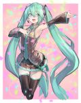  1girl absurdres aqua_hair armpits black_legwear boots commentary_request deluxe&lt;&lt;&lt; detached_sleeves hatsune_miku headset highres long_hair music nail_polish necktie open_mouth pleated_skirt singing skirt sleeveless solo thigh-highs thigh_boots twintails very_long_hair vocaloid 
