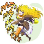  1girl blonde_hair breasts cleavage commentary_request ember_celica_(rwby) female highres iesupa jojo_no_kimyou_na_bouken jumping punching rwby solo stardust_crusaders translation_request violet_eyes yang_xiao_long 