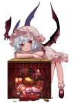  1girl absurdres bare_legs bat_wings bent_over black_shoes blue_hair bobby_socks card character_doll curtains doll_house flandre_scarlet full_body hat highres izayoi_sakuya long_hair looking_at_viewer mob_cap nail_polish patchouli_knowledge playing_card red_carpet red_eyes red_nails remilia_scarlet shan shoes simple_background sitting socks solo touhou white_background white_legwear wings 
