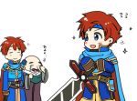  armor bald blue_eyes blush cape chibi closed_eyes cosplay durandal_(fire_emblem) eliwood_(fire_emblem) eliwood_(fire_emblem)_(cosplay) facial_hair father_and_son fire_emblem fire_emblem:_fuuin_no_tsurugi fire_emblem:_rekka_no_ken fire_emblem_heroes headband holding holding_weapon male_focus mustache redhead roy_(fire_emblem) short_hair smile sword weapon white_background 