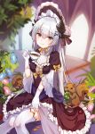  1girl alternate_costume blurry blush bonnet cup depth_of_field dress fate/grand_order fate_(series) frills gloves gothic_lolita horns kiyohime_(fate/grand_order) lolita_fashion long_hair looking_at_viewer open_mouth red_eyes silver_hair smile smile_(mm-l) solo squirrel teacup thigh-highs white_gloves white_legwear 