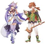  1boy 1girl animal_ears blue_eyes book boots breasts brown_eyes brown_hair cape cleavage eyebrows fox_ears fox_tail geetgeet inaria_izina long_hair male_teacher_(pop-up_story) open_mouth pleated_skirt ponytail pop-up_story purple_hair school_uniform skirt smile staff tail 