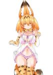  1girl animal_ears babydoll blush bow elbow_gloves frills gloves highres kemono_friends lace lingerie navel negligee nightgown panties ribbon see-through serval_(kemono_friends) serval_ears serval_print serval_tail shigurio side-tie_panties solo tail thigh-highs underwear underwear_only 