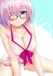  1girl :o absurdres bangs black-framed_eyewear blush bow breasts cleavage collarbone dombear dress_swimsuit eyebrows_visible_through_hair fate/grand_order fate_(series) glasses hair_over_one_eye highres large_breasts lavender_hair looking_at_viewer open_mouth pink_bow see-through shielder_(fate/grand_order) shiny shiny_hair shiny_skin short_hair simple_background sitting solo sweatdrop swimsuit upper_body violet_eyes wet wet_clothes white_swimsuit 