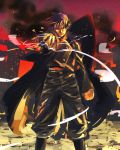  1boy black_eyes black_hair boots clouds coat dark_clouds fire fullmetal_alchemist looking_at_viewer male_focus military military_uniform outstretched_arm outstretched_hand roy_mustang smoke solo_focus standing uniform wind wind_lift 